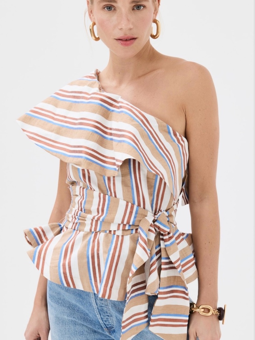 Stella Jean One-Shoulder Striped Tie-Waist Camisole in Tan, Blue & White